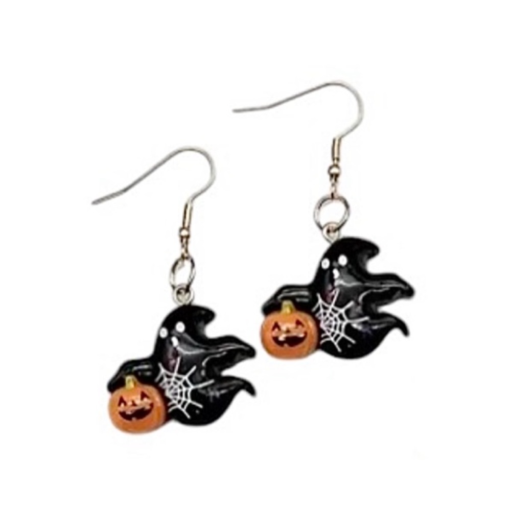 Black Ghost with Jack O Lantern Pumpkin Halloween Earrings